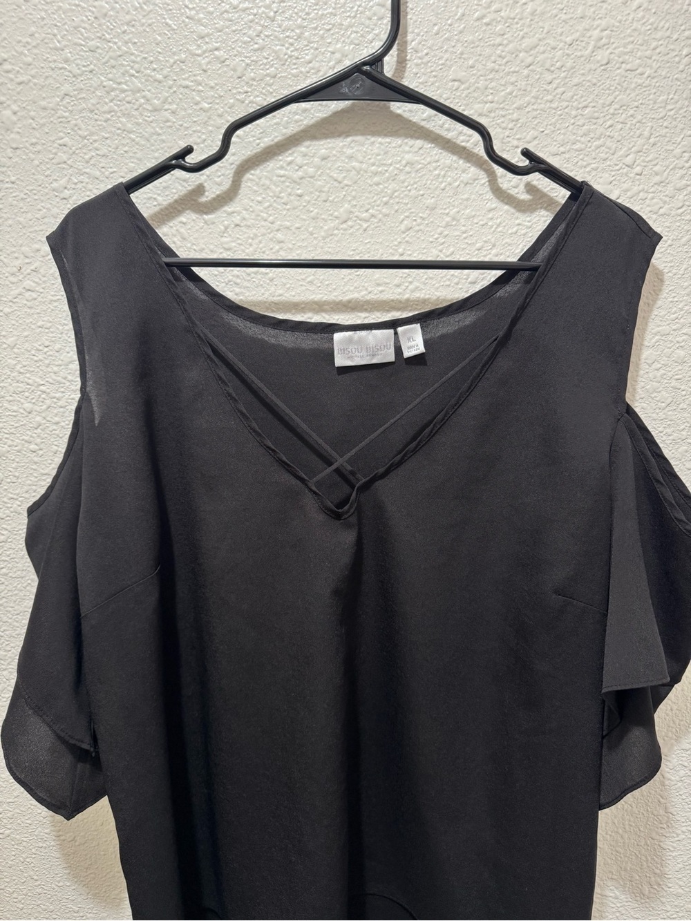 Bisou Bisou Black Cold-Shoulder V-Neck Blouse with Crisscross Straps
